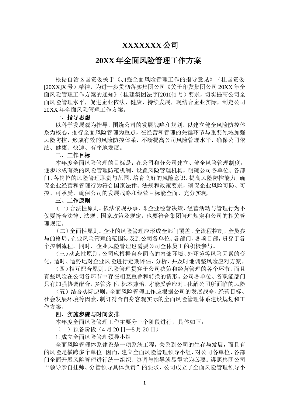 企业全面风险管理工作方案_第1页