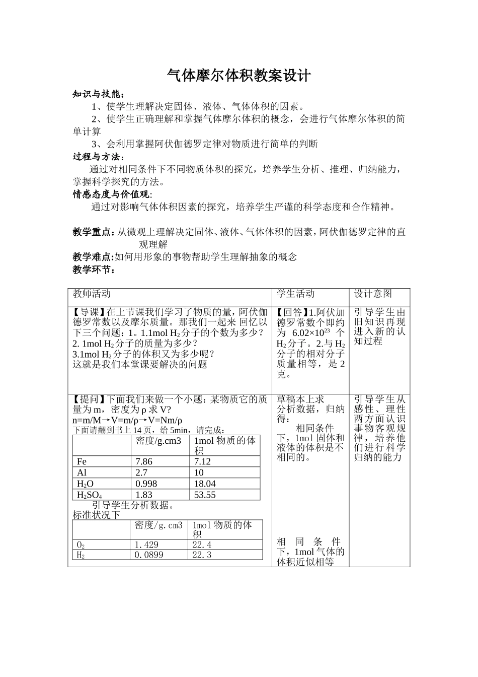 气体摩尔体积优秀教学设计_第1页