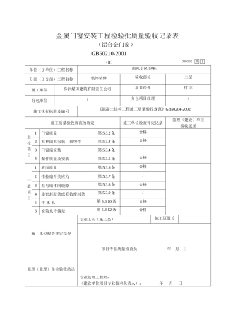 金属门窗安装工程检验批验收记录表(铝合金门窗)