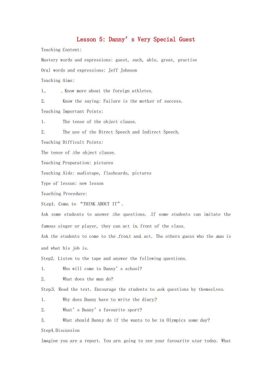 英语：Unit 1 The Olympics Lesson 5英文教案（冀教版九年级上）_第1页