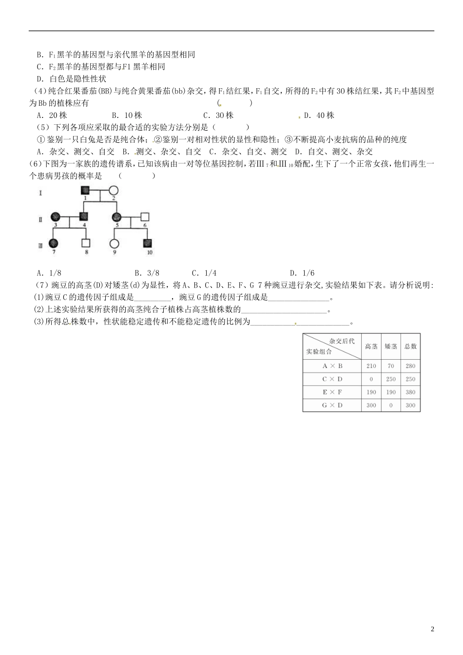 山东省德州市高中生物 孟德尔的豌豆杂交实验（一，第三课时）学案 新人教版必修2_第2页