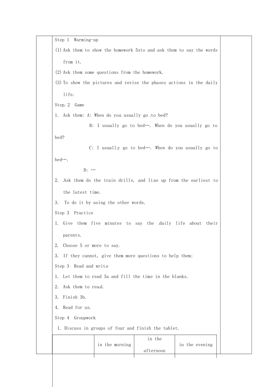 辽宁省辽阳市第九中学七年级英语下册《Unit 2 What time do you go to school？》period 3教案 人教新目标版_第3页