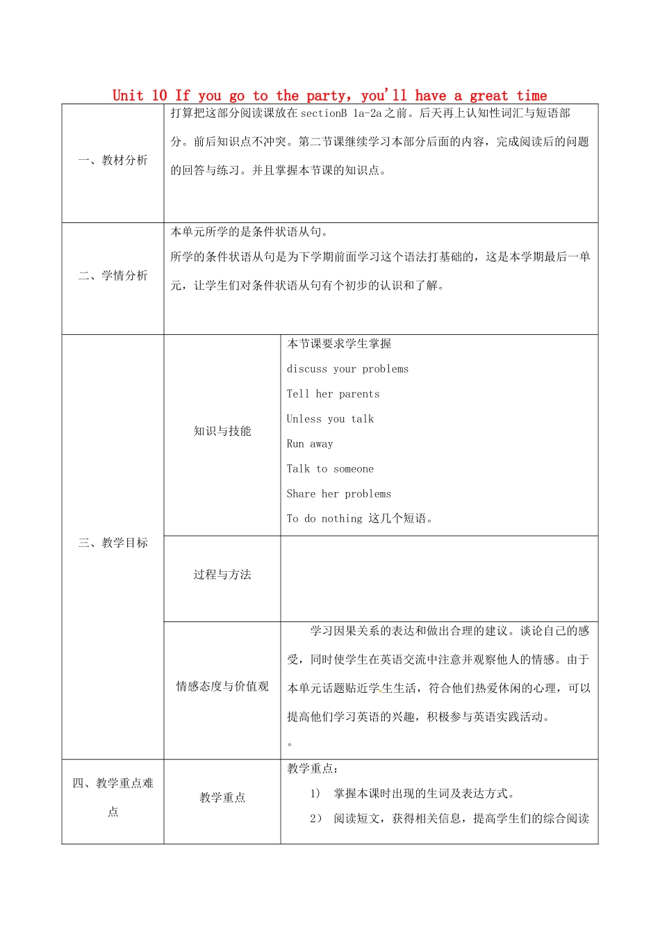 陕西省石泉县八年级英语上册 Unit 10 If you go to the party，you'll have a great time Section B（2b-2d）教案 （新版）人教新目标版-（新版）人教新目标版初中八年级上册英语教案_第1页
