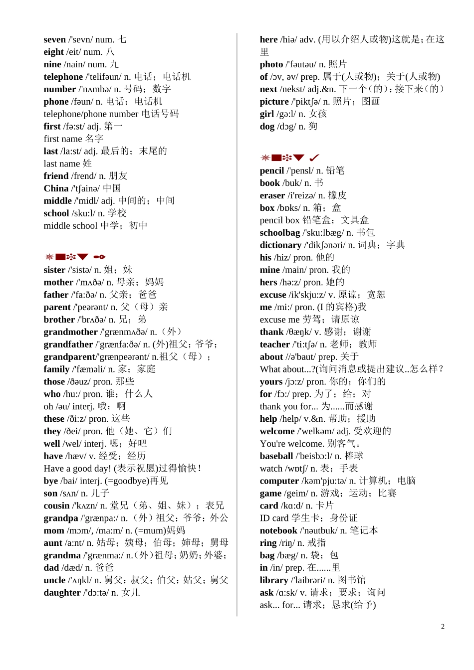 七年级上册英语各单元-单词表(含音标)_第2页
