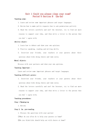 金识源秋八年级英语上册 Unit 1 Could you please clean your room（第5课时）教案 鲁教版五四制-鲁教版五四制初中八年级上册英语教案