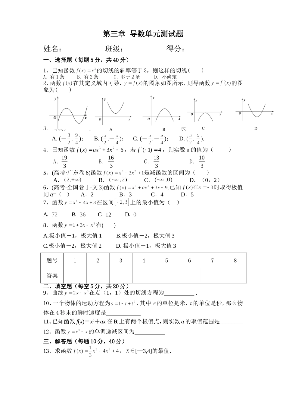 选修1-1第三章导数单元考试题_第1页