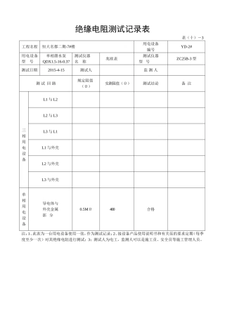 绝缘电阻测试记录表