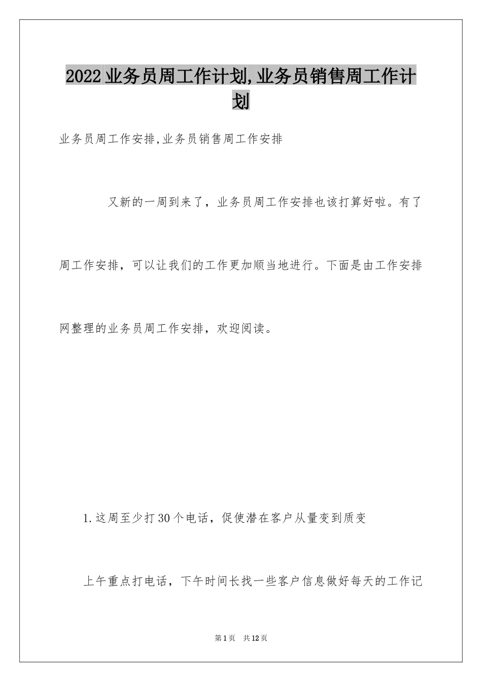2024业务员周工作计划,业务员销售周工作计划_第1页