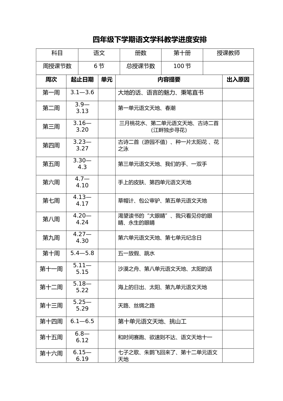 四年级语文下册教学计划进度表_第1页