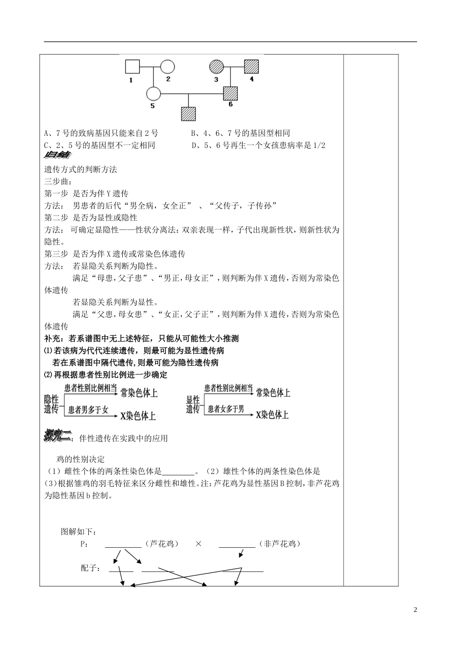 山东省文登市教育教学研究培训中心高中生物 第二章 第三节 伴性遗传 （2）学案 新人教版必修2_第2页