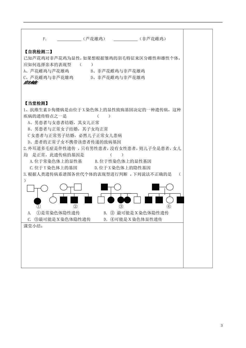 山东省文登市教育教学研究培训中心高中生物 第二章 第三节 伴性遗传 （2）学案 新人教版必修2_第3页