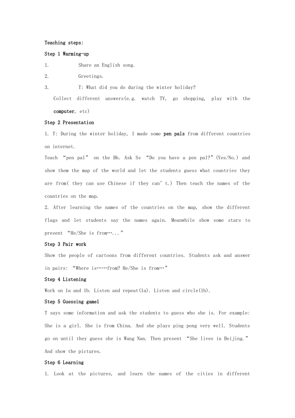 福建省长泰县第一中学七年级英语下册《Unit 1 Where’s your pen pal from》单元教案 人教新目标版_第3页