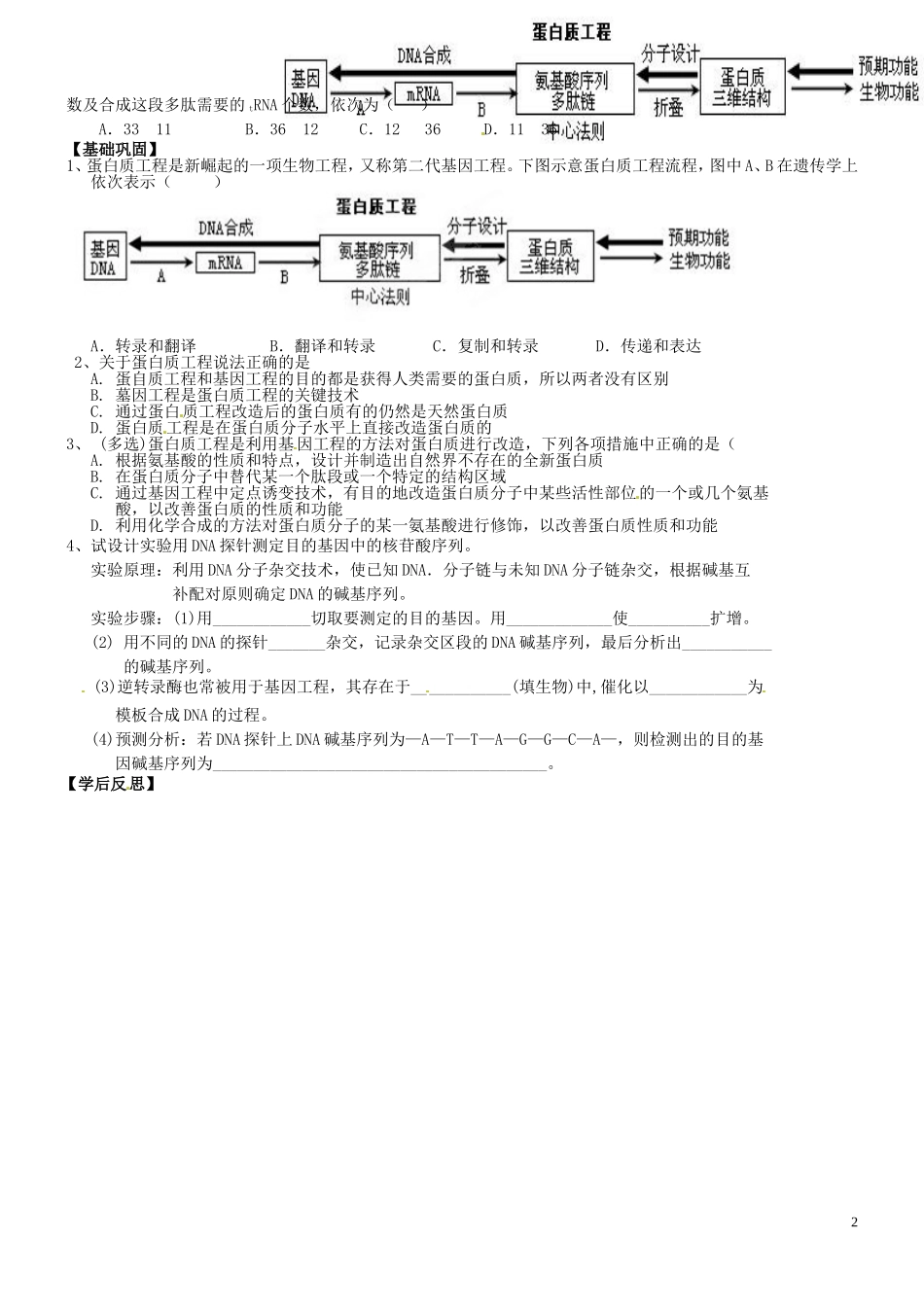 山东省新泰市第二中学高中生物 1.4蛋白质工程的崛起（1）教学案 新人教版选修3_第2页