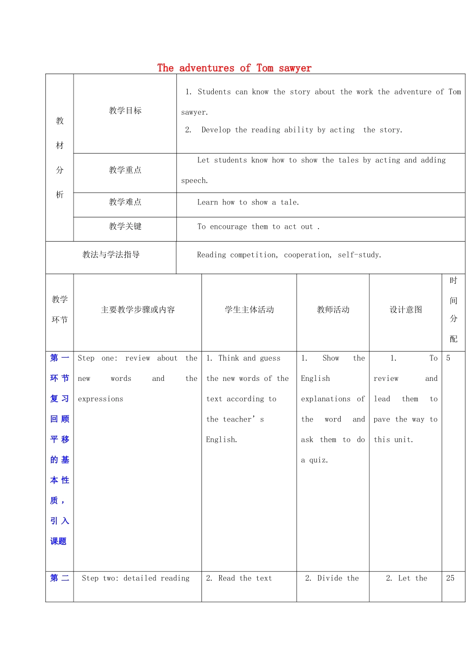 秋九年级英语上册 Unit 7《The Adventures of Tom Sawyer》教案2 （新版）牛津深圳版-牛津深圳版初中九年级上册英语教案_第1页