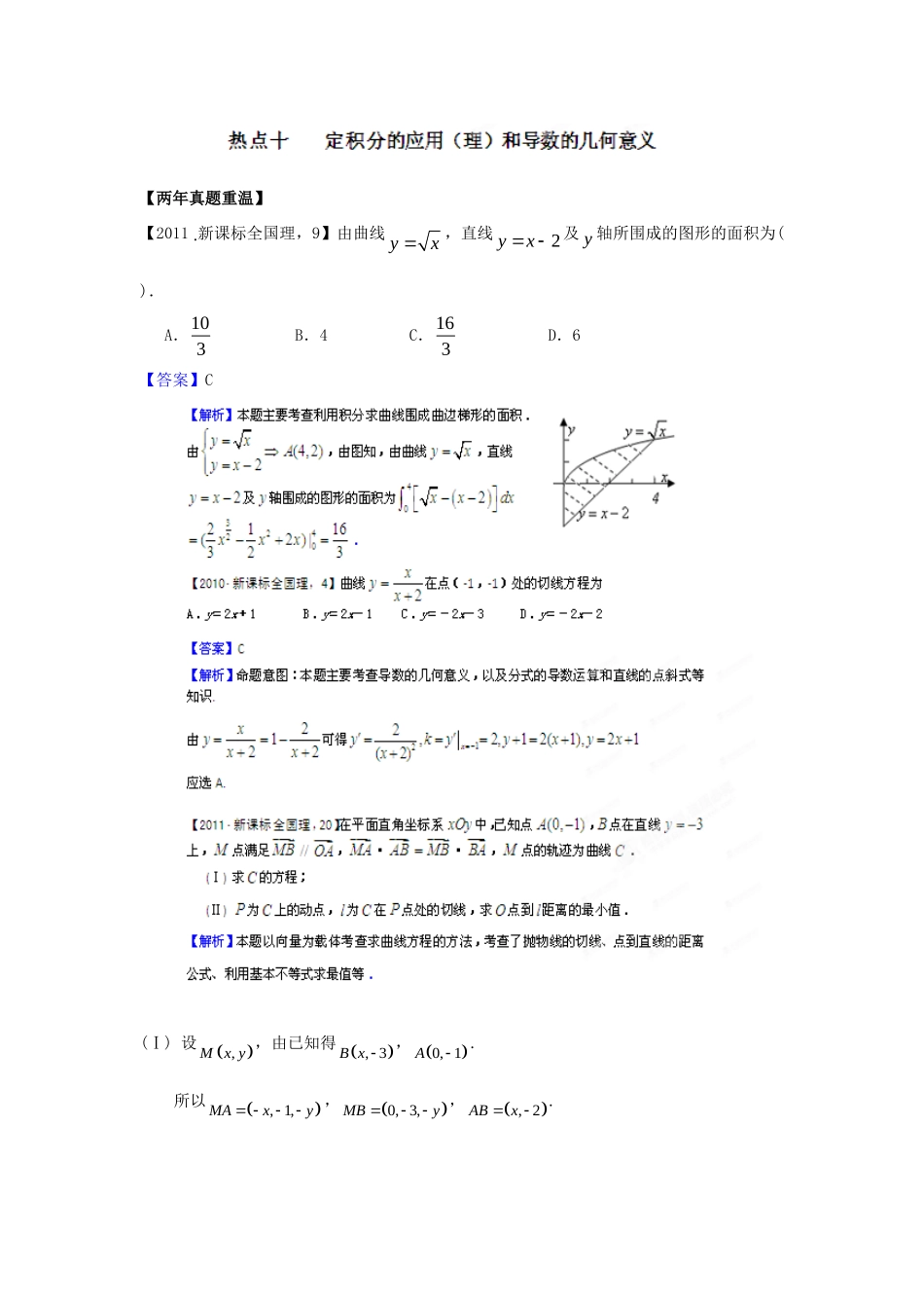 2012新课标高考数学热点集中营热点10定积分的应用和导数的几何意义_第1页