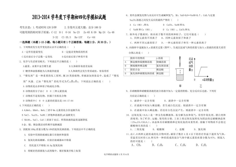 初四模拟化学(1)_第1页