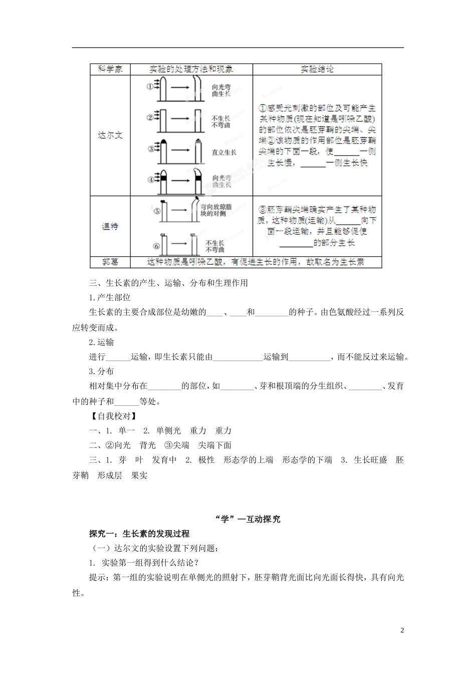四川省雷波县民族中学高中生物 3.1 植物生长素的发现学案 新人教版必修3_第2页