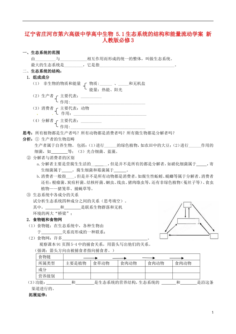 辽宁省庄河市第六高级中学高中生物 5.1生态系统的结构和能量流动学案 新人教版必修3_第1页