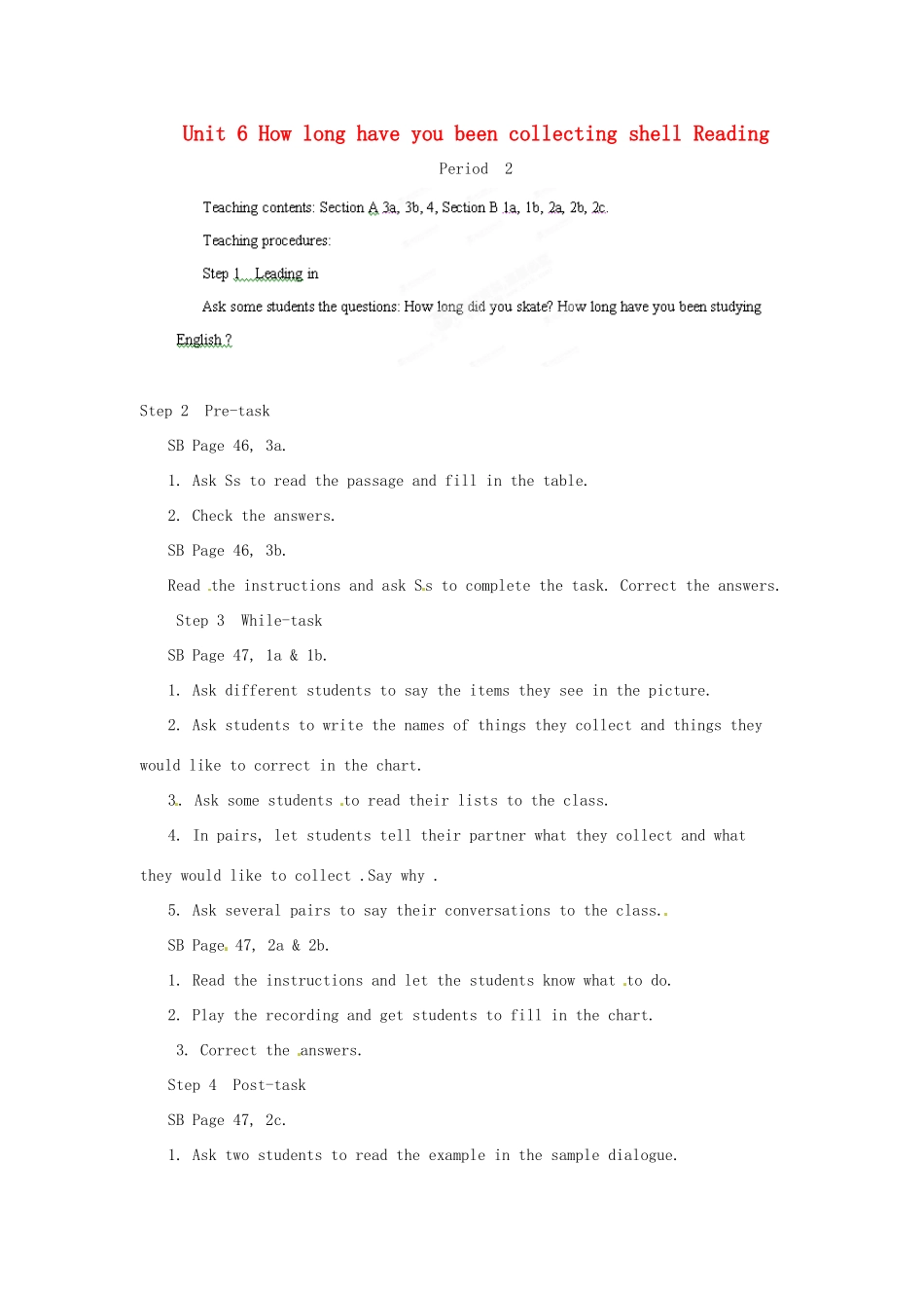 浙江省温州市第二十中学八年级英语下册 Unit 6 How long have you been collecting shells Period 2教案 人教新目标版_第1页