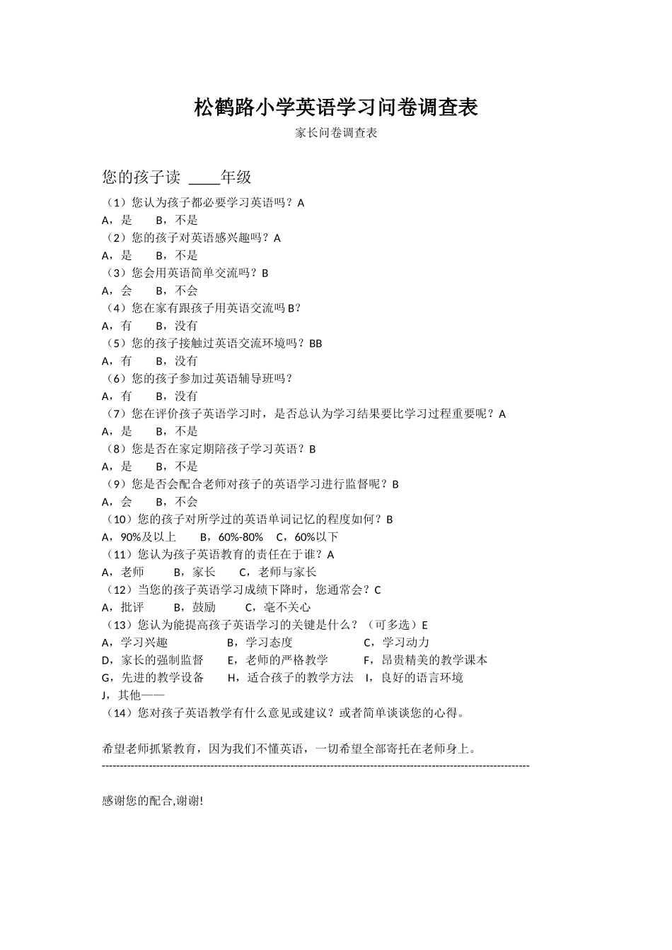 松鹤路小学英语作业问卷调查表_第1页