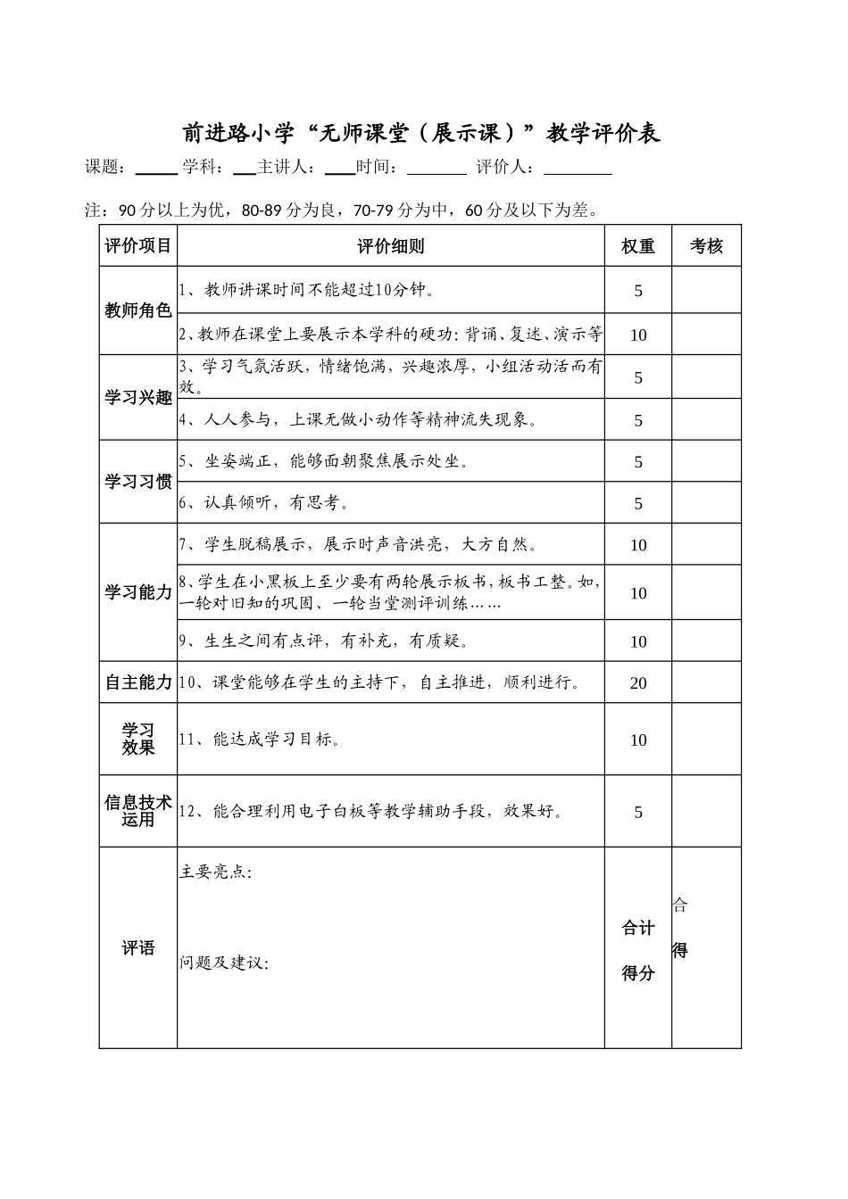 前进路小学无师课堂评价表_第1页