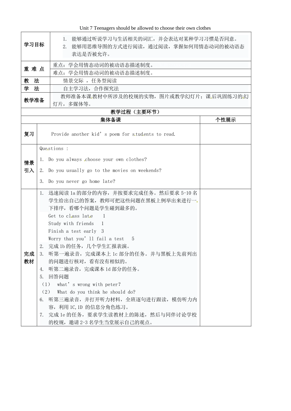 重庆市万州区甘宁初级中学九年级英语全册 Unit 7 Teenagers should be allowed to choose their own clothes（第3课时）教案 （新版）人教新目标版_第1页