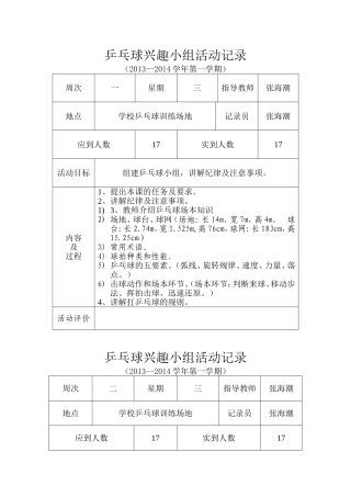 乒乓球兴趣小组活动记录
