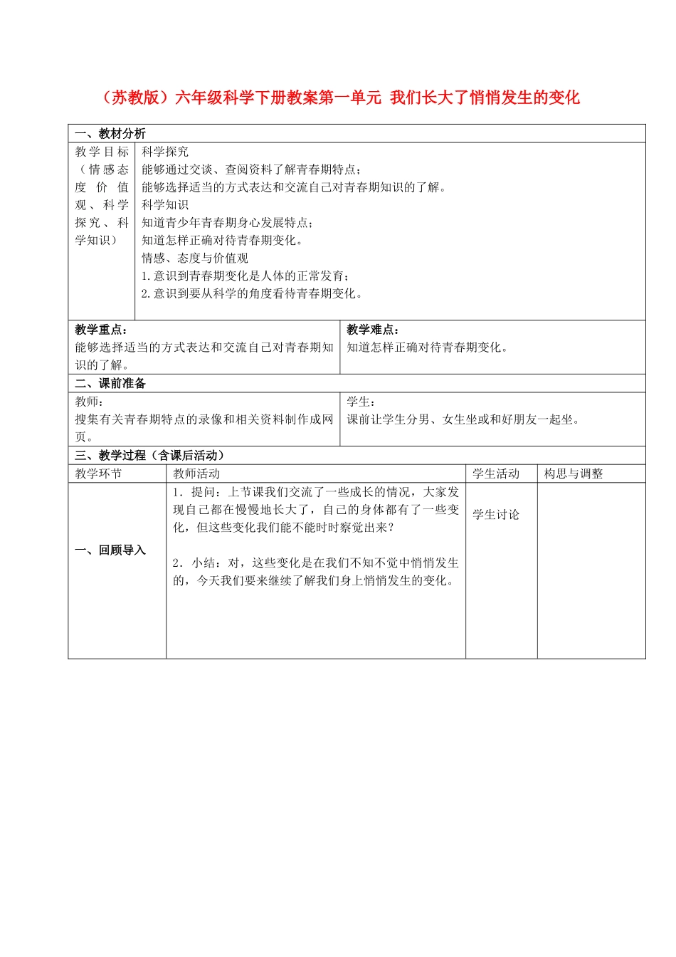 六年级科学下册 悄悄发生的变化教案3 苏教版_第1页