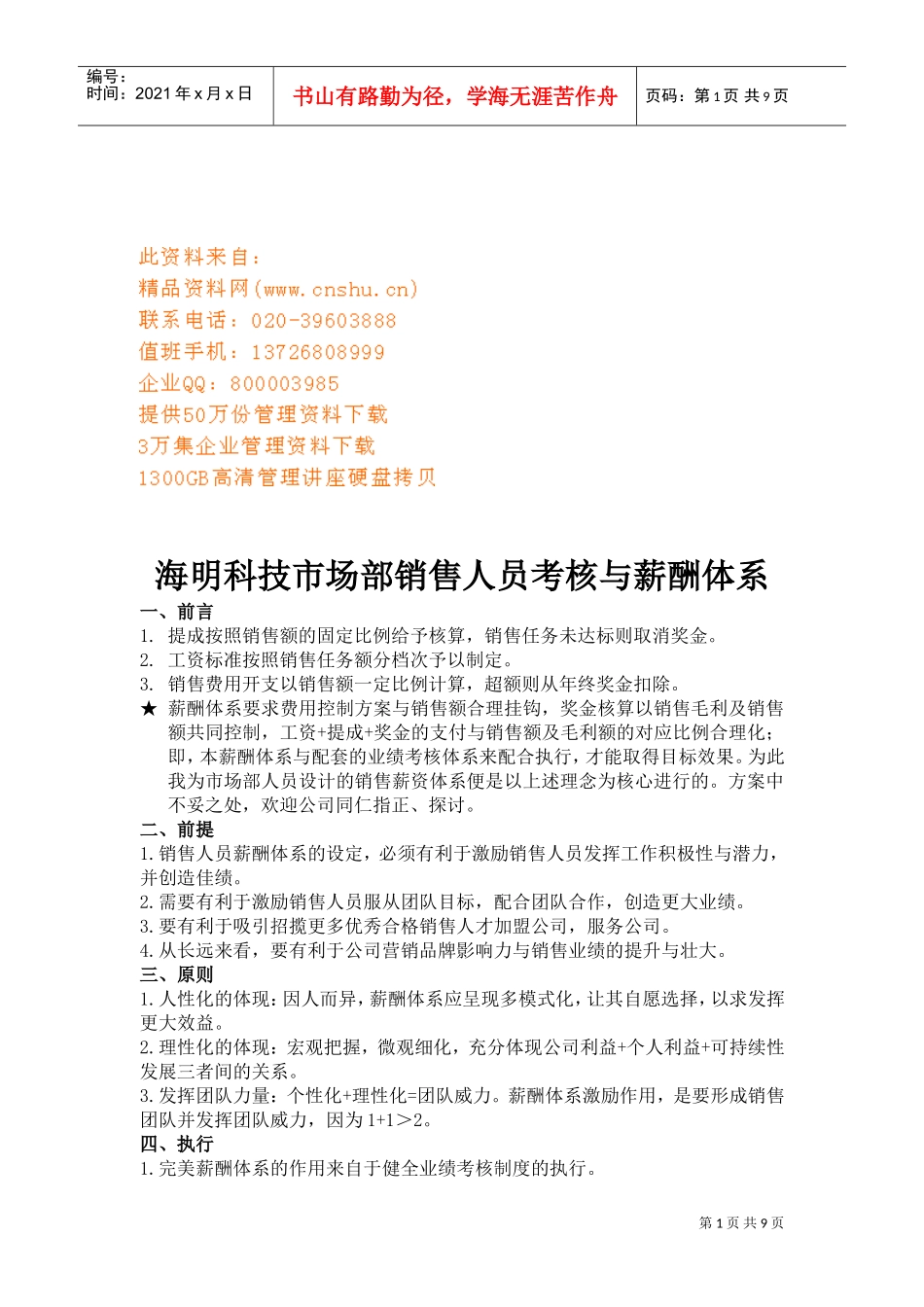 某某科技市场部销售人员考核与薪酬体系_第1页