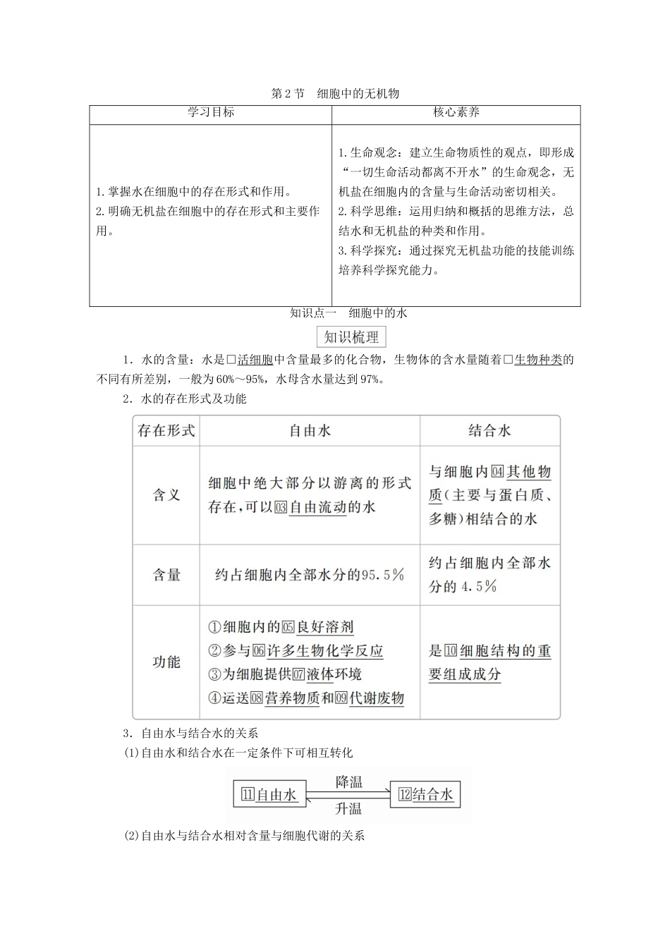 高中生物 第二章 组成细胞的分子 第2节 细胞中的无机物学案 新人教版必修1-新人教版高一必修1生物学案_第1页