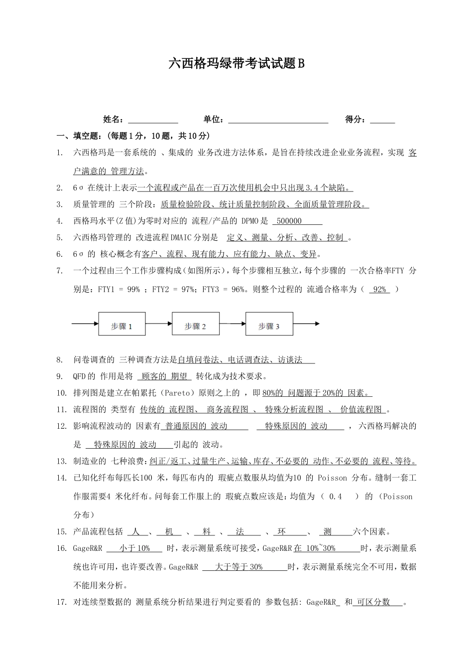 六西格玛绿带考试B试题及答案_第1页
