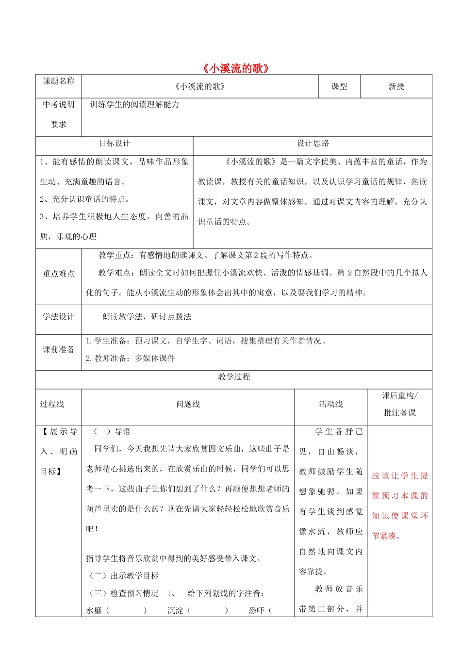 山东省济南市六年级语文下册 小溪流的歌教案 鲁教版五四制-鲁教版五四制小学六年级下册语文教案_第1页