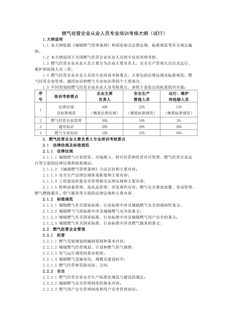 燃气经营企业从业人员专业培训考核大纲(试行)_第1页