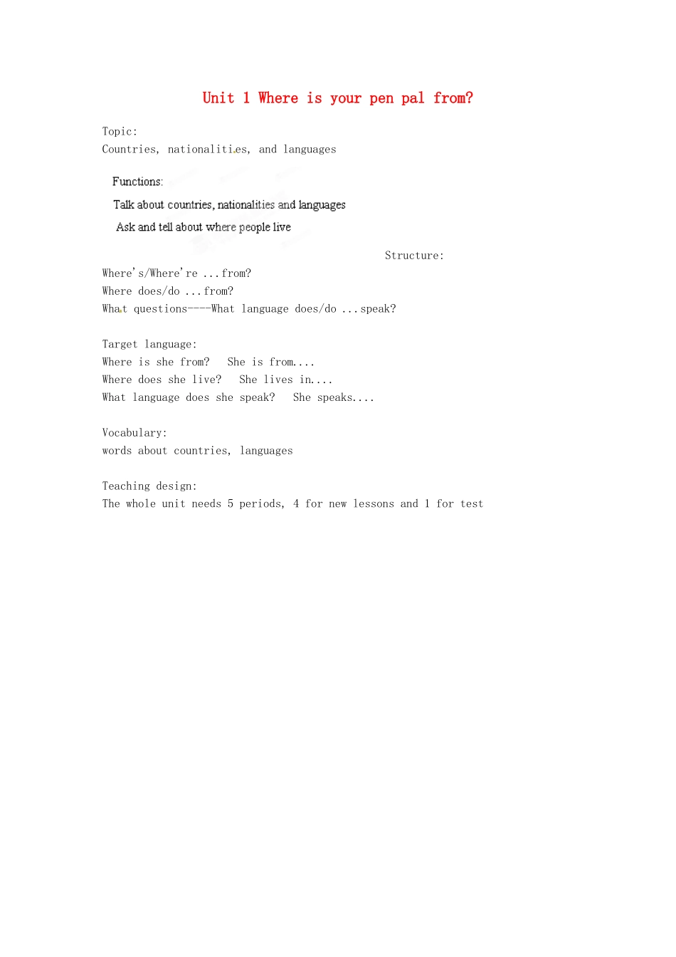 福建省长泰县第一中学七年级英语下册《Unit 1 Where’s your pen pal from》Period 1教案 人教新目标版_第1页