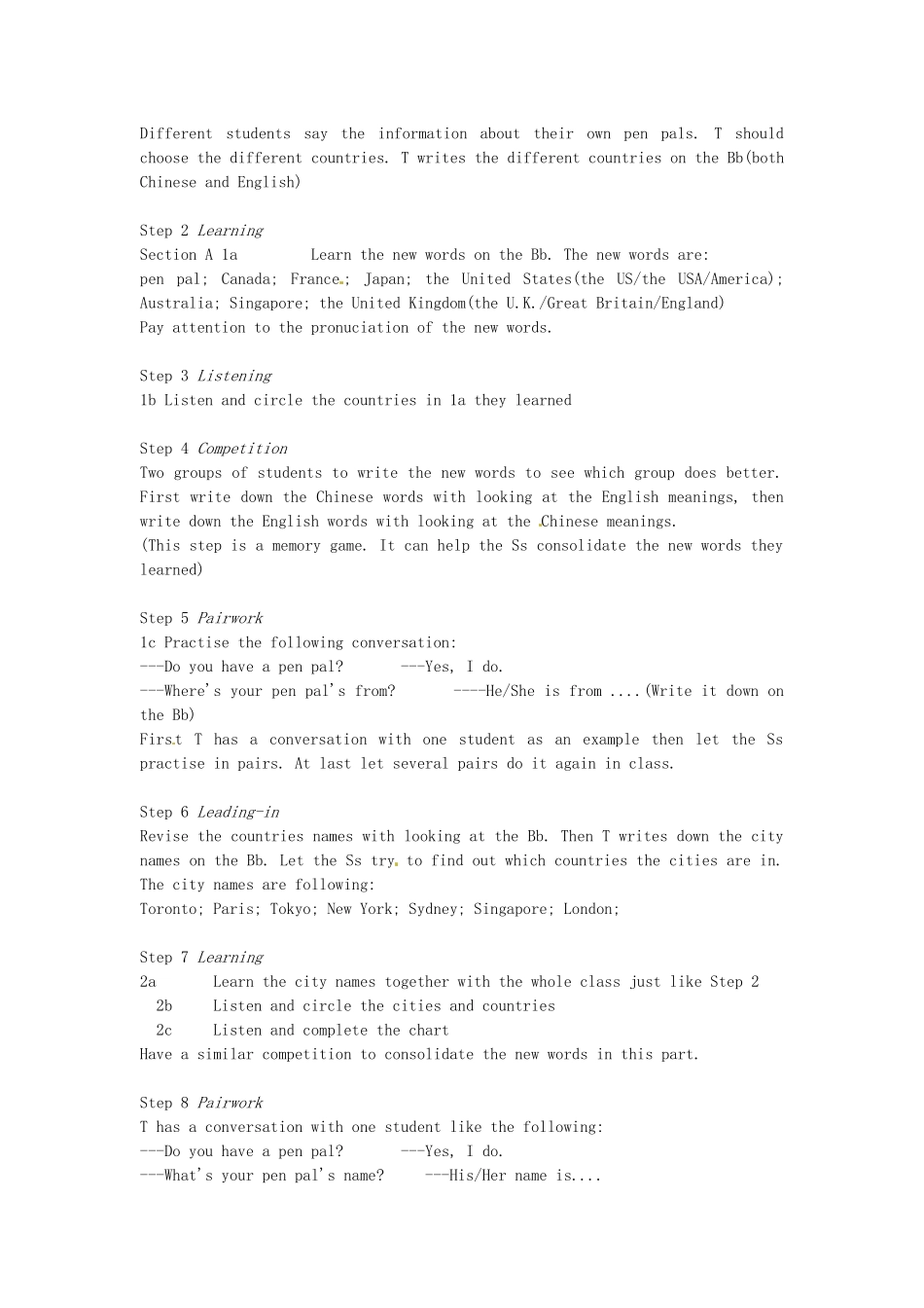 福建省长泰县第一中学七年级英语下册《Unit 1 Where’s your pen pal from》Period 1教案 人教新目标版_第3页
