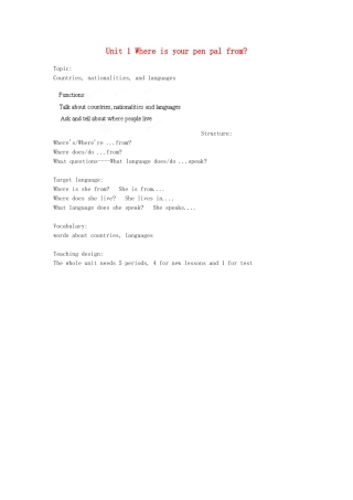 福建省长泰县第一中学七年级英语下册《Unit 1 Where’s your pen pal from》Period 1教案 人教新目标版