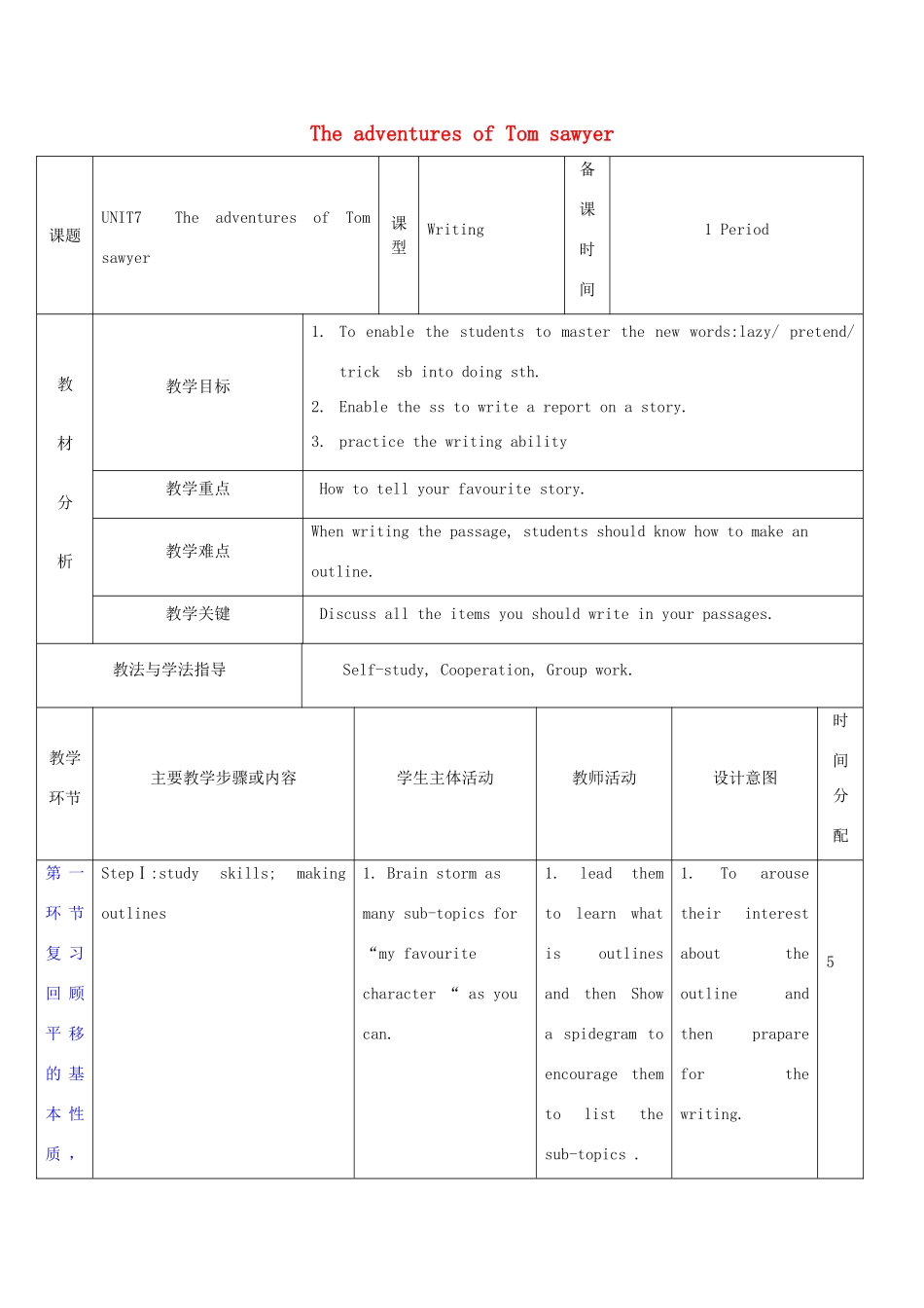 秋九年级英语上册 Unit 7《The Adventures of Tom Sawyer》教案6 （新版）牛津深圳版-牛津深圳版初中九年级上册英语教案_第1页
