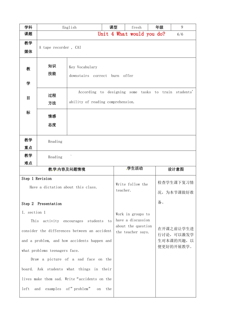 陕西省神木县大保当中学九年级英语 Unit 4 What would you do Period 6教案 人教新目标版_第1页