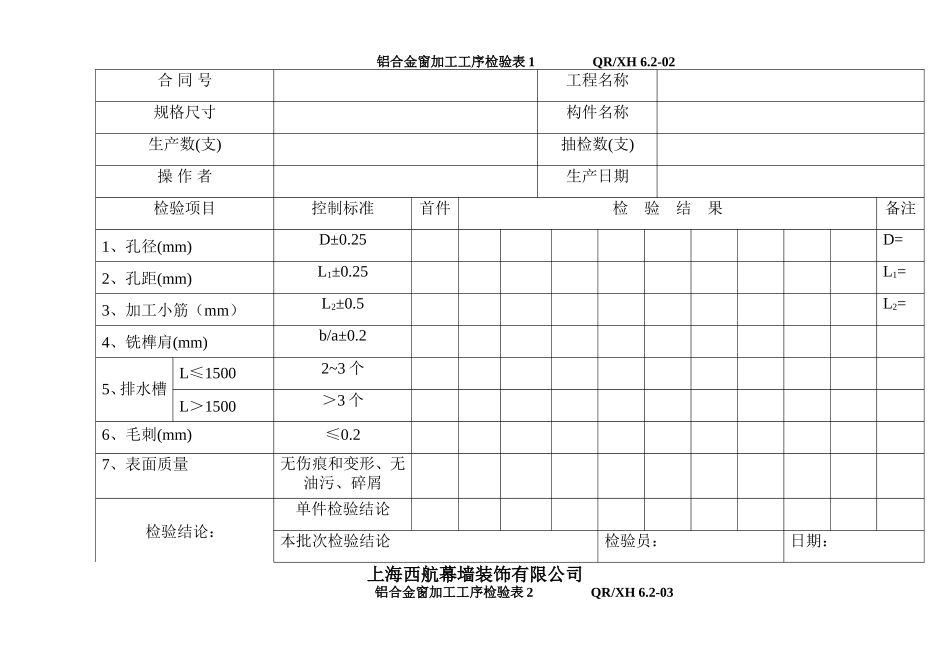 铝合金窗过程及成品检验记录表_第2页