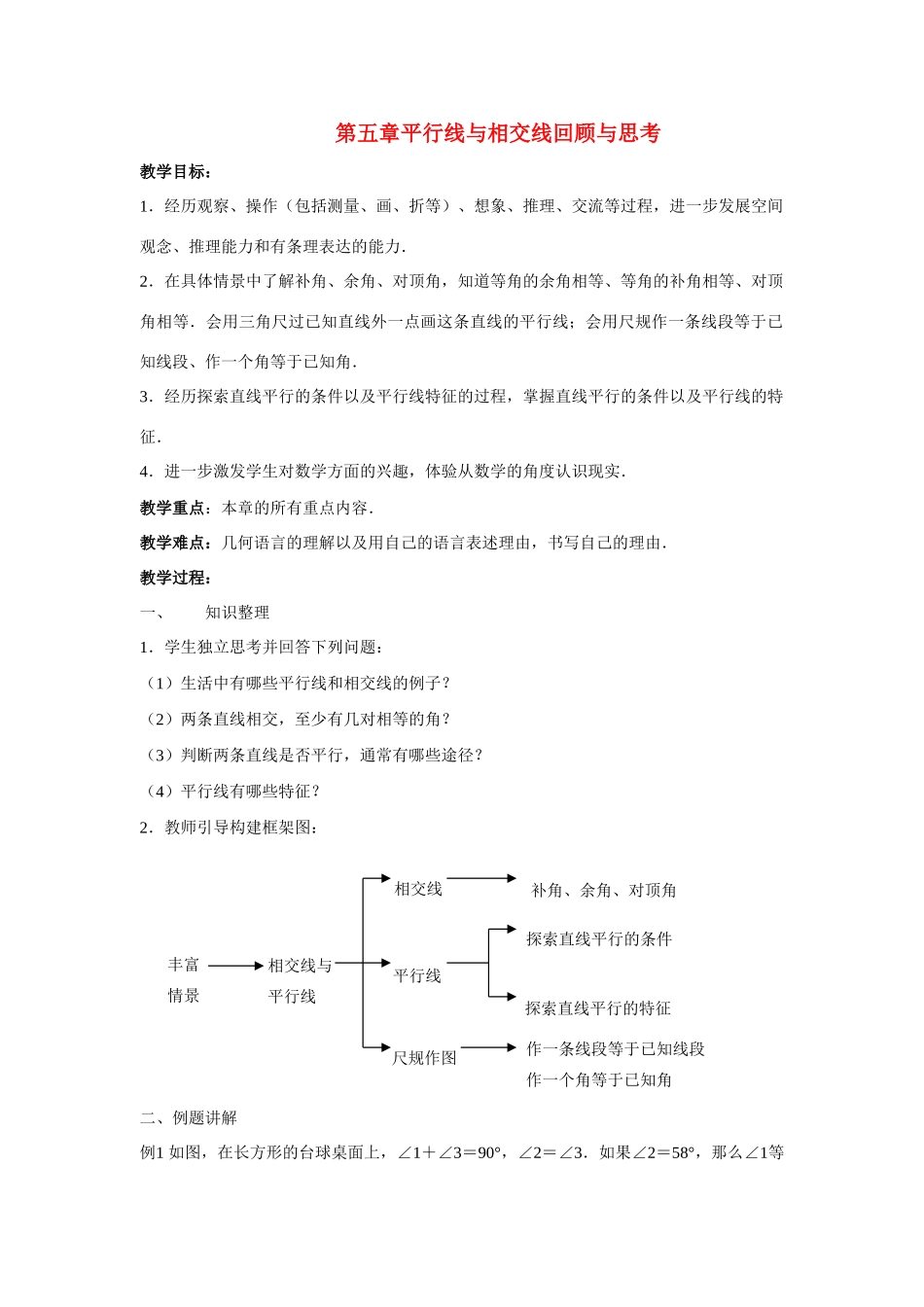 七年级数学下册第五章相交线与平行线小结教案2人教版_第1页