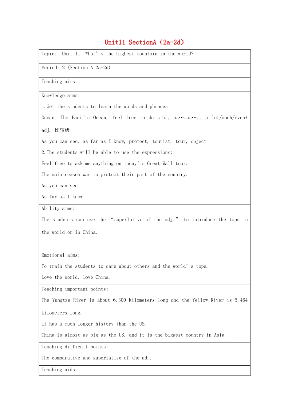 秋九年级英语全册 Unit 11《What’s the highest mountain in the world》（Section A 2a-2d）教案 （新版）鲁教版五四制-鲁教版五四制初中九年级全册英语教案_第1页