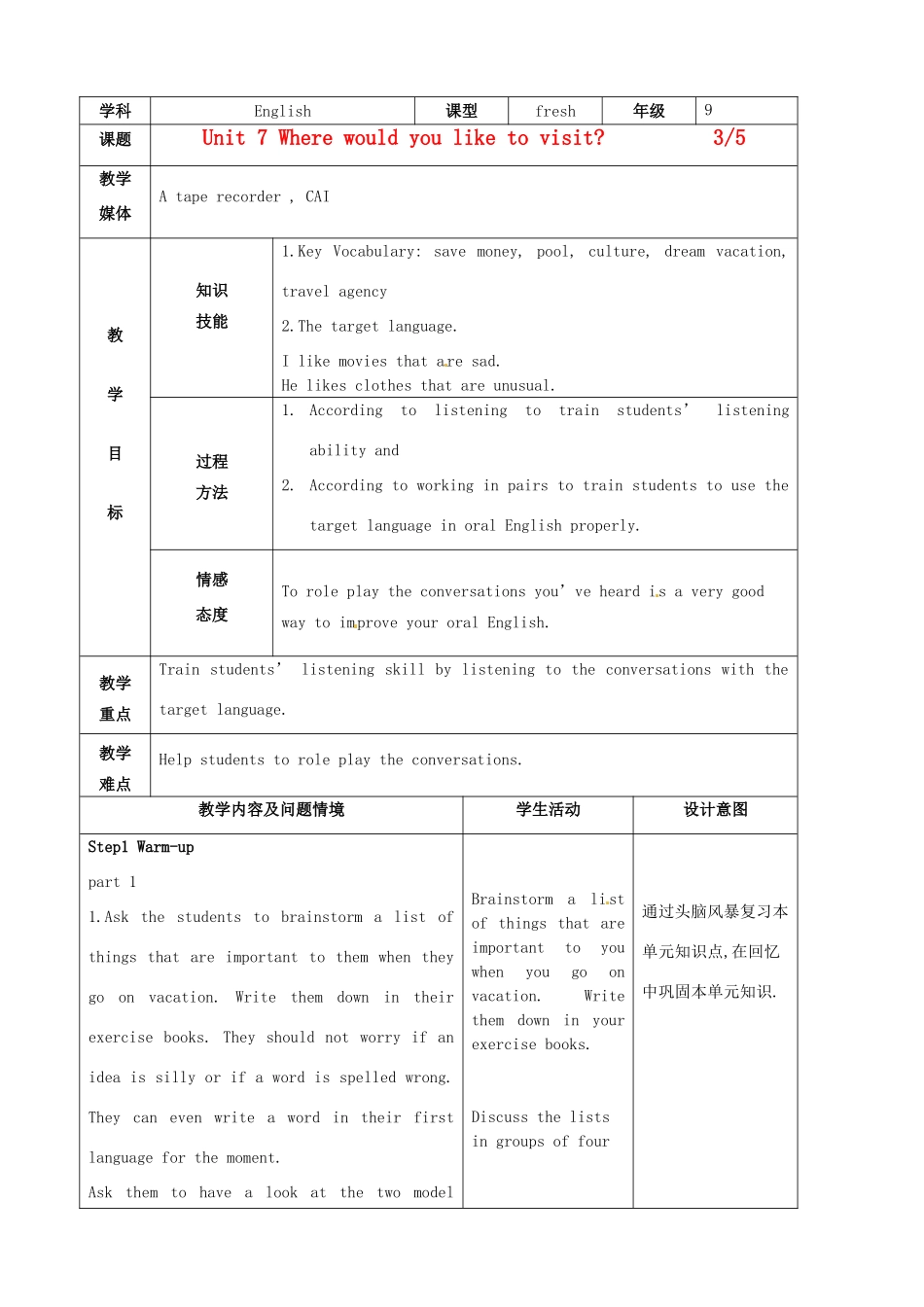 陕西省神木县大保当中学九年级英语 Unit 7 Where would you like to visit period3教案 人教新目标版_第1页