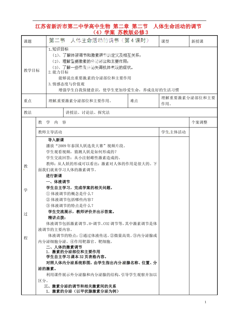江苏省新沂市第二中学高中生物 第二章 第二节  人体生命活动的调节（4）学案 苏教版必修3_第1页