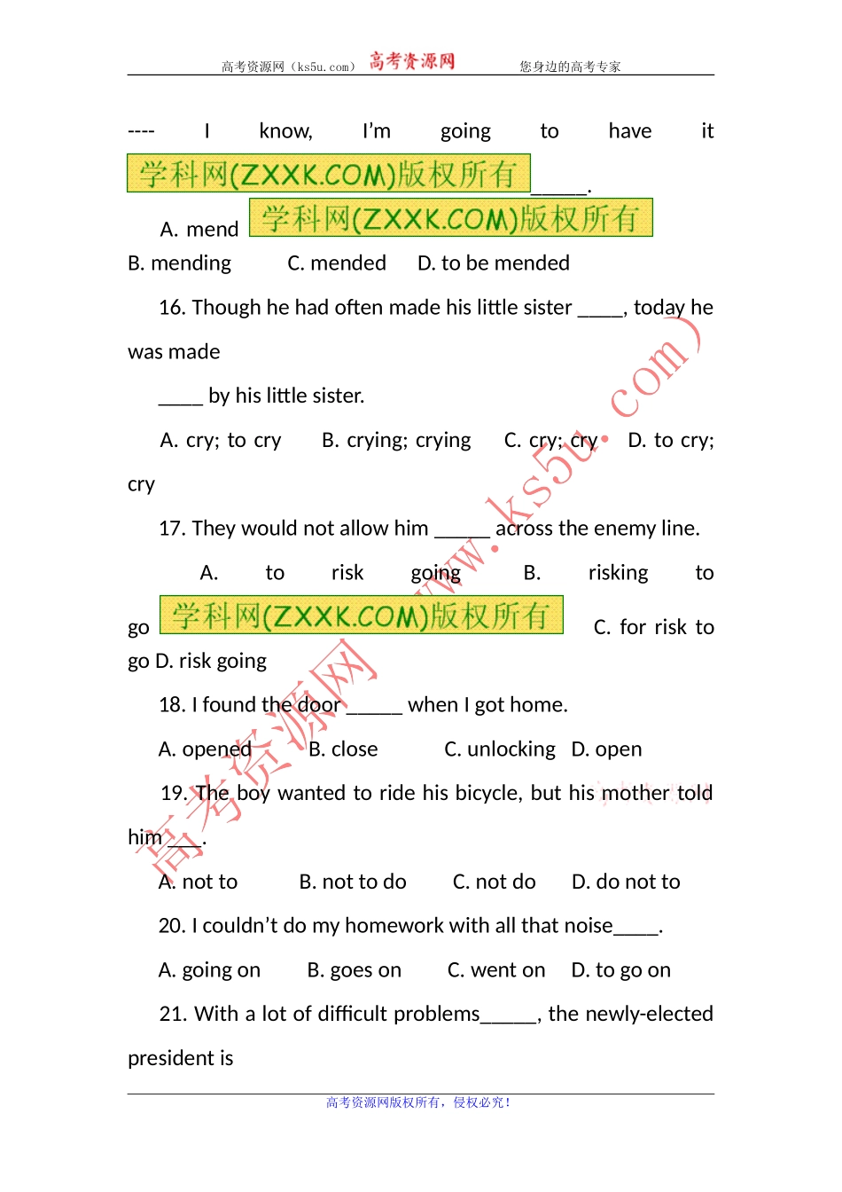 2012届高三一轮复习英语试题集（二十一）_第3页