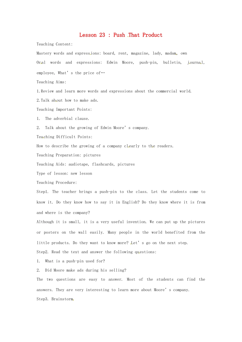 英语：Unit 3 Buying and Selling Lesson 7英文教案（冀教版九年级上）_第1页