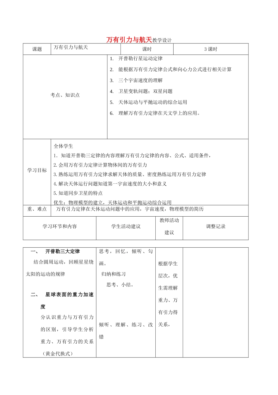 四川省宜宾市一中高三物理《万有引力与航天》教学设计-人教版高三全册物理教案_第1页