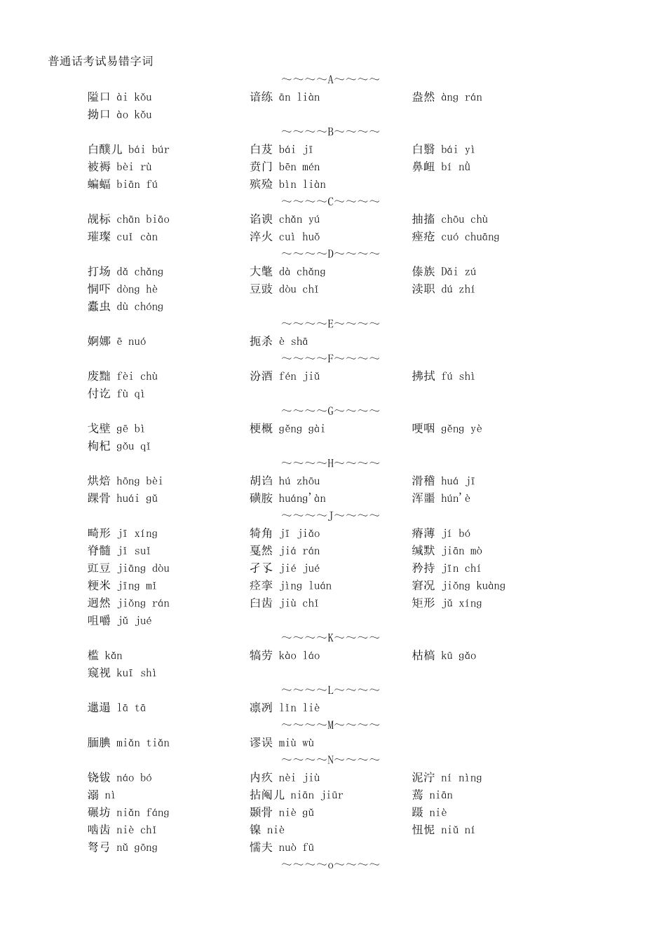 普通话考试易错字词+拼音(整合版)_第1页