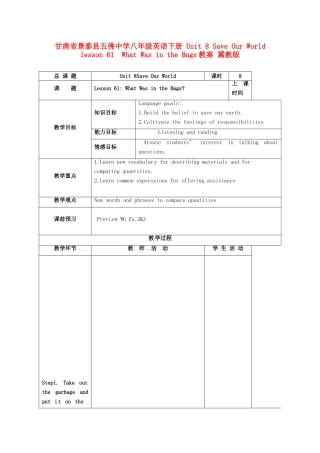 甘肃省景泰县五佛中学八年级英语下册 Unit 8 Save Our World lesson 61  What Was in the Bags教案 冀教版