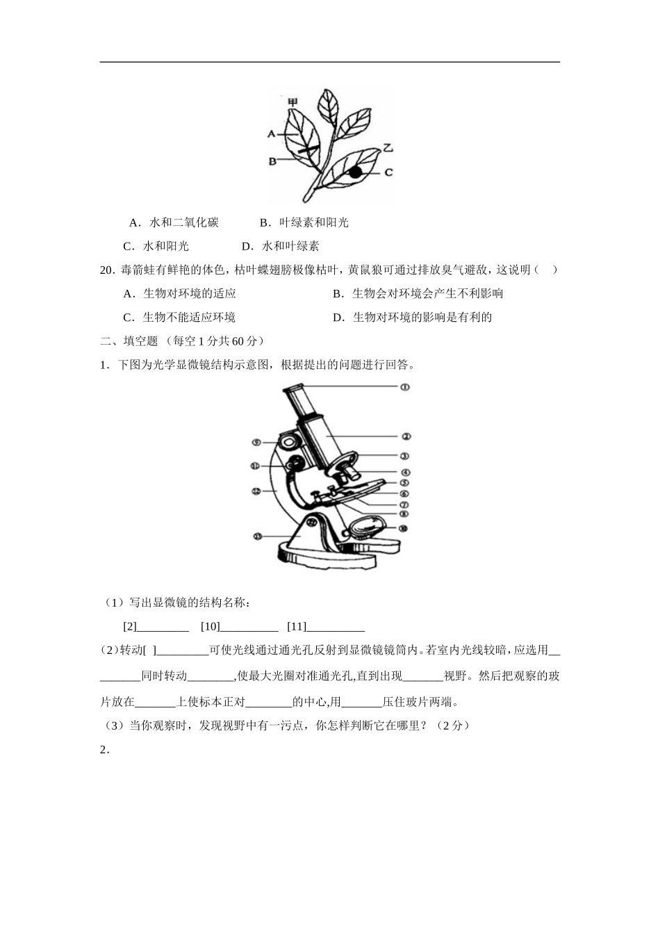 七年级苏教版生物上学期期中考试测试试卷及答案_第3页