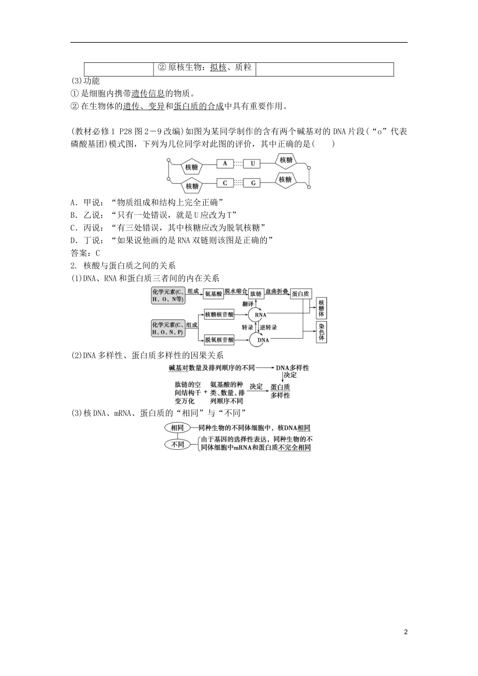 高考生物一轮复习 第一单元 细胞的分子组成 第4讲 遗传信息的携带者——核酸 细胞中的糖类和脂质学案-人教版高三全册生物学案_第2页